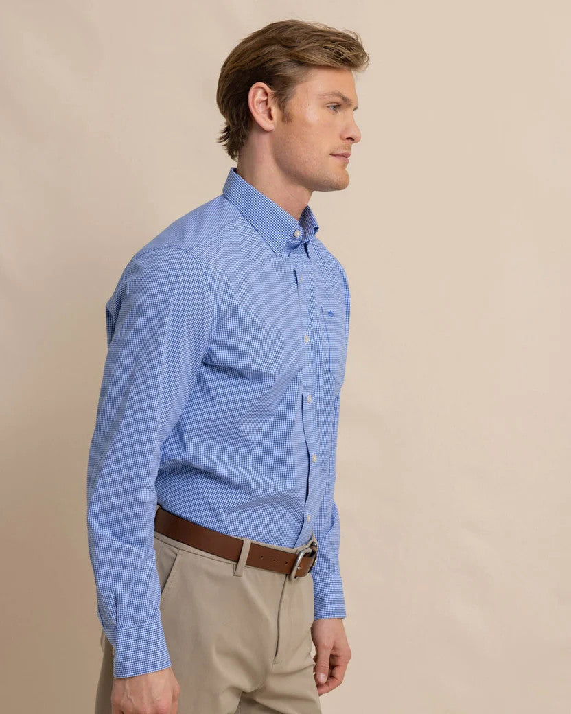 Southern Tide Charleston Parkwood Micro-Gingham Long Sleeve Sport Shirt: Cobalt Blue