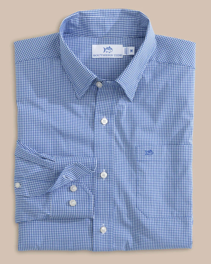 Southern Tide Charleston Parkwood Micro-Gingham Long Sleeve Sport Shirt: Cobalt Blue