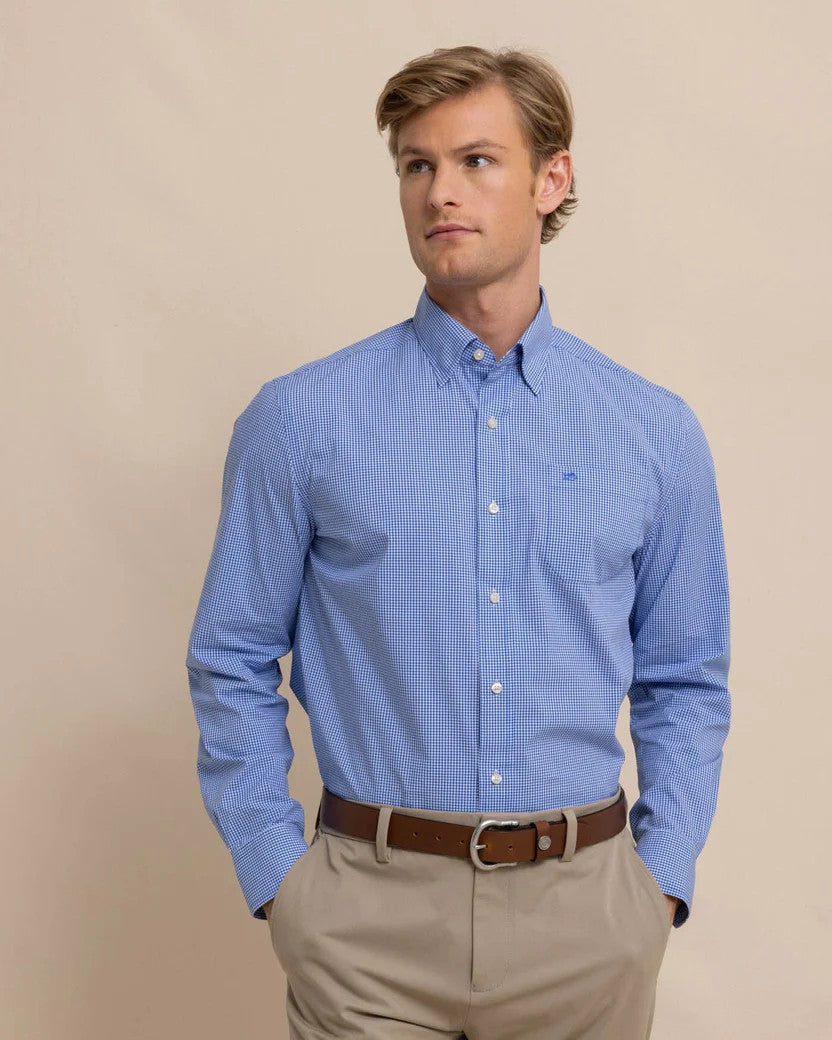 Southern Tide Charleston Parkwood Micro-Gingham Long Sleeve Sport Shirt: Cobalt Blue