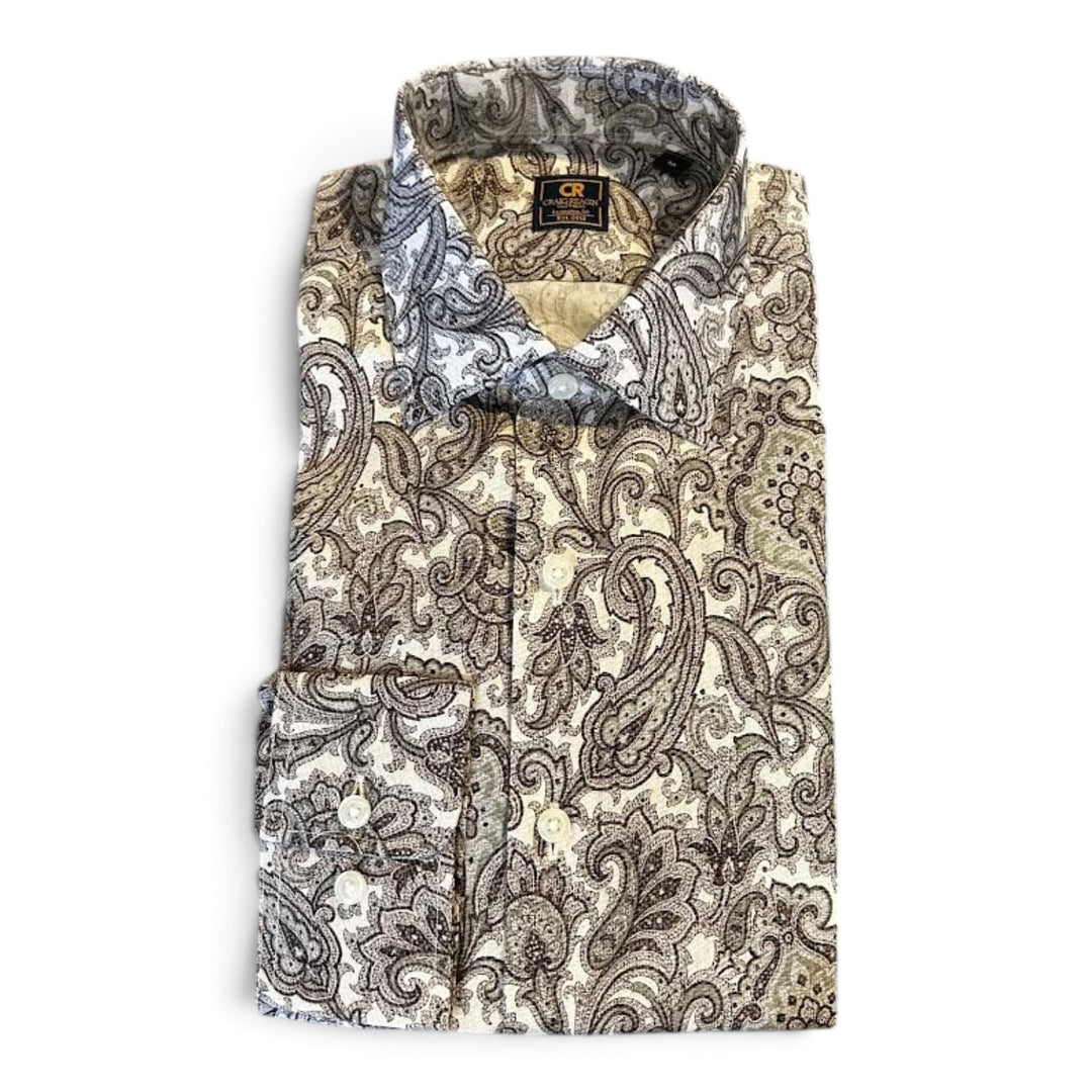 Stantt Ready To Wear Bottinelli Brushed Antique Gold and Sage Paisley Sport Shirt
