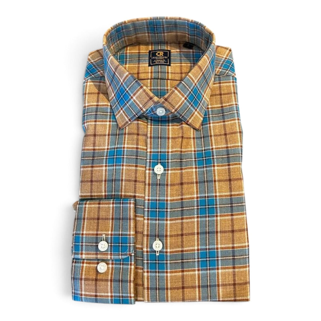 Stantt Ready To Wear Azure Blue and Brown Flannel Plaid Sport Shirt
