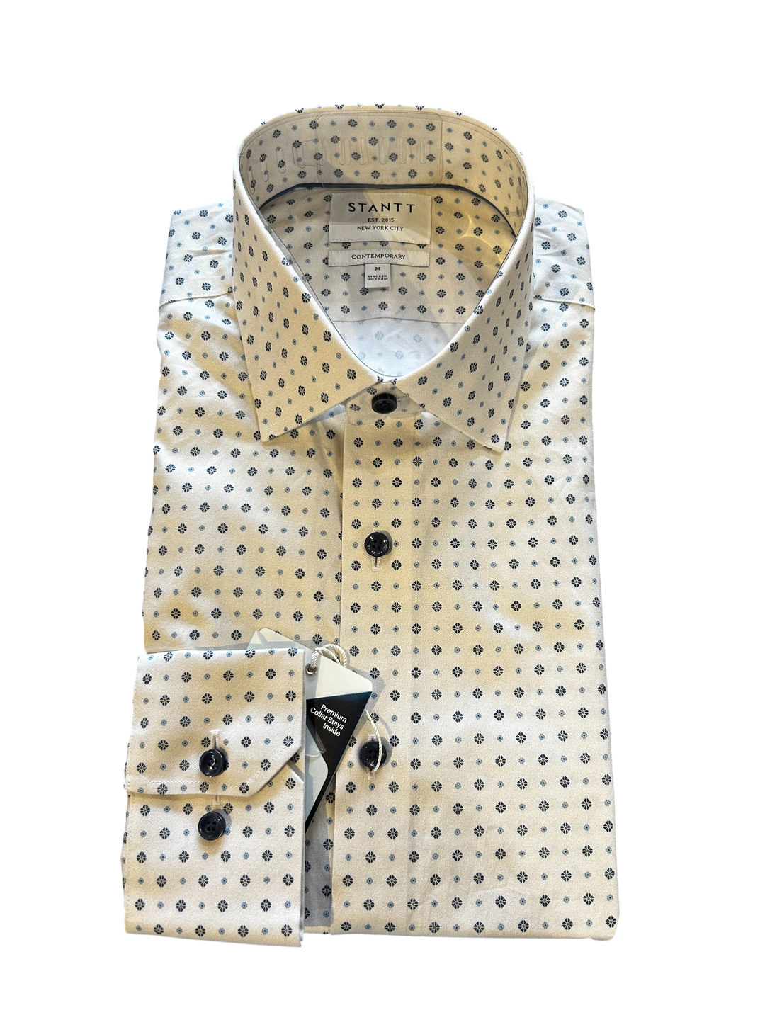 Ice Blue and Midnight on Ecru Geo Print Dress Shirt Pocket / Standard Buttons
