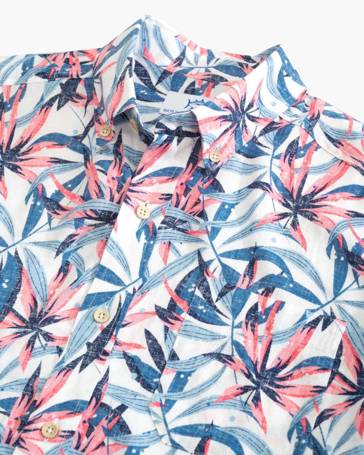 Southern Tide Tropical Bloom Short Sleeve Button Down Sport Shirt: White