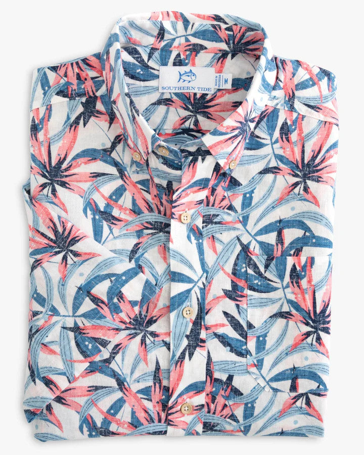 Southern Tide Tropical Bloom Short Sleeve Button Down Sport Shirt: White