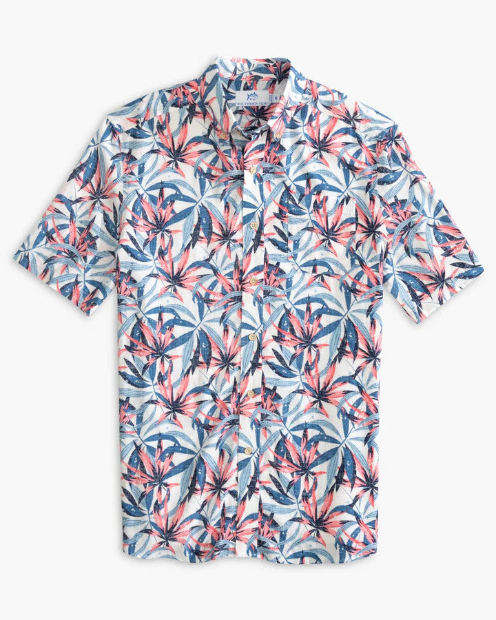 Southern Tide Tropical Bloom Short Sleeve Button Down Sport Shirt: White