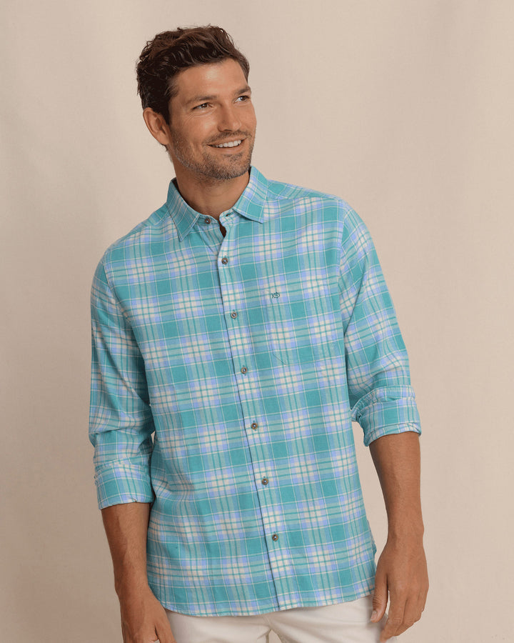 Southern Tide Ashborough Plaid Brushed Twill Heather Sportshirt: Heather Spruce Shade