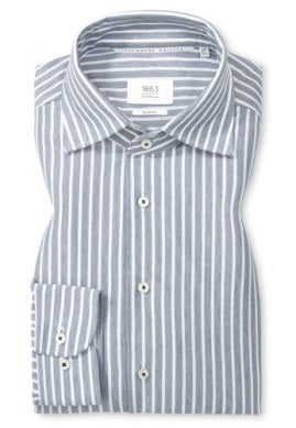 Eterna Slim Fit Japanese Knit Stripe with One Piece Collar: Grey Blue