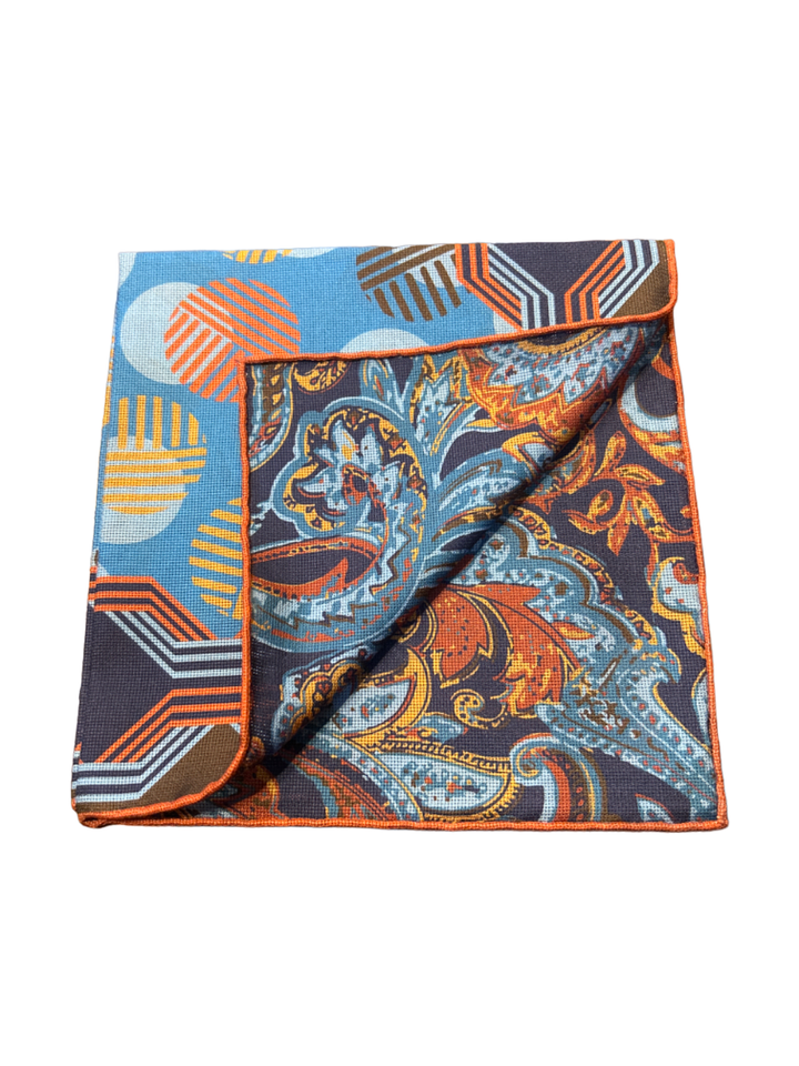 Seaward & Stearn Brown/Orange/Blue Geometric Pocket Square