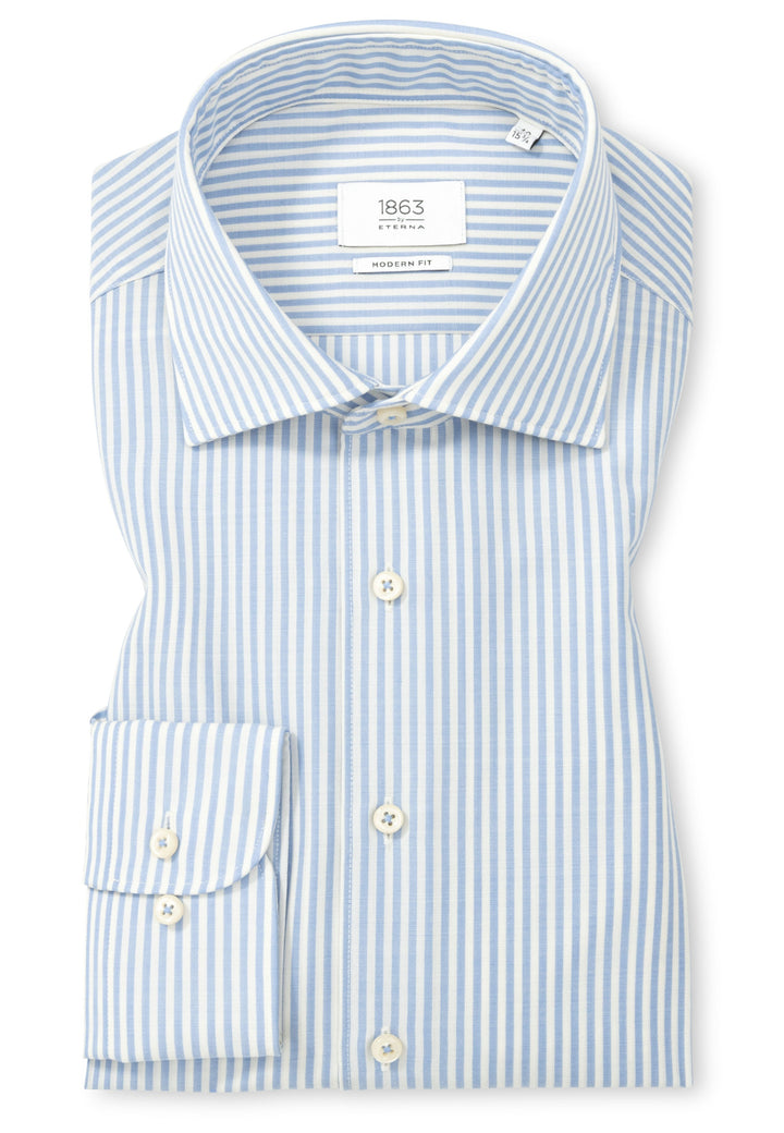 Eterna Modern Fit Fine Merino Stripe with Kent Collar: Light Blue