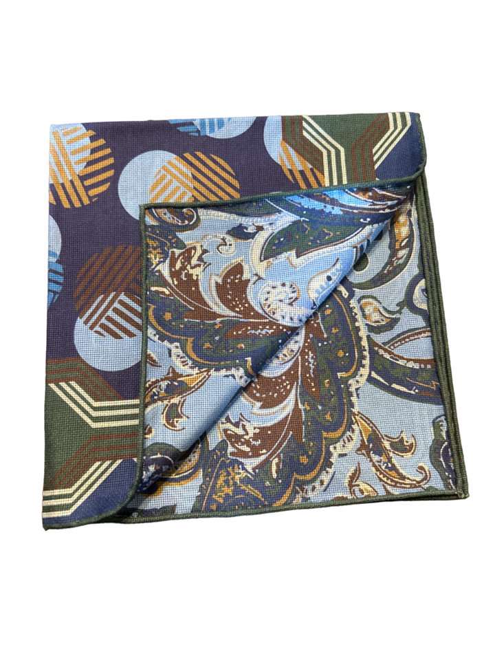 Seaward & Stearn Green/Brown/Blue Geometric Pocket Square