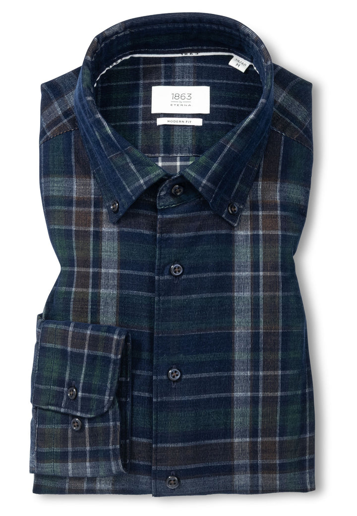 Eterna Baby Cord Check Modern Fit w/ Button Down Collar: Grey Blue