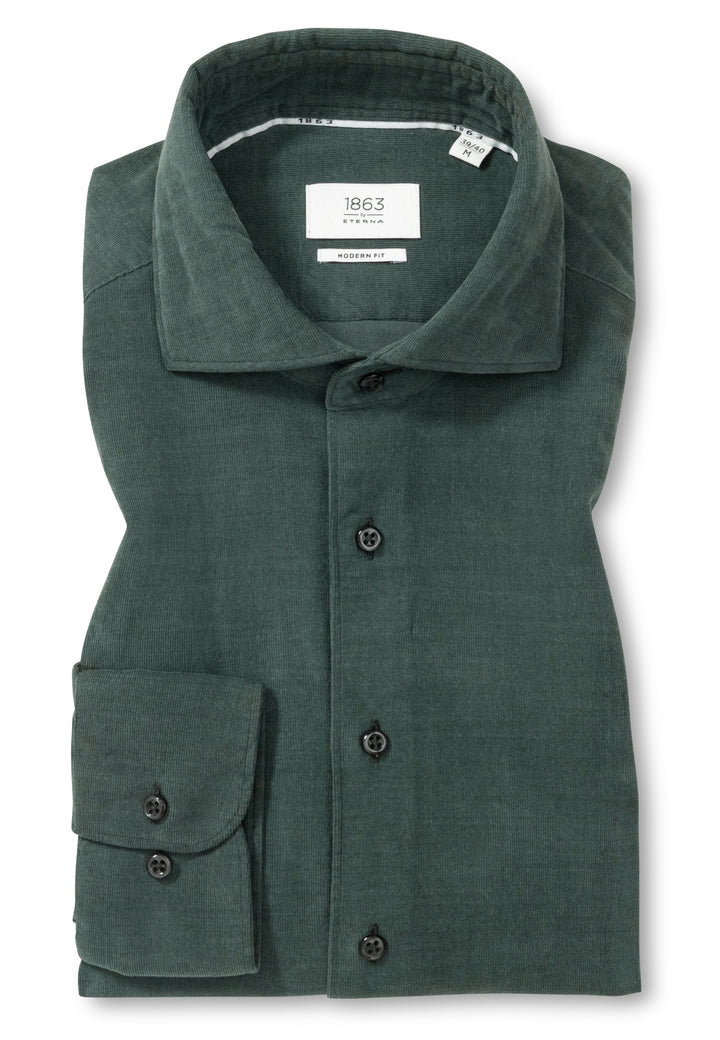 Eterna Baby Cord Modern Fit w/ Cutaway Collar: Dark Green