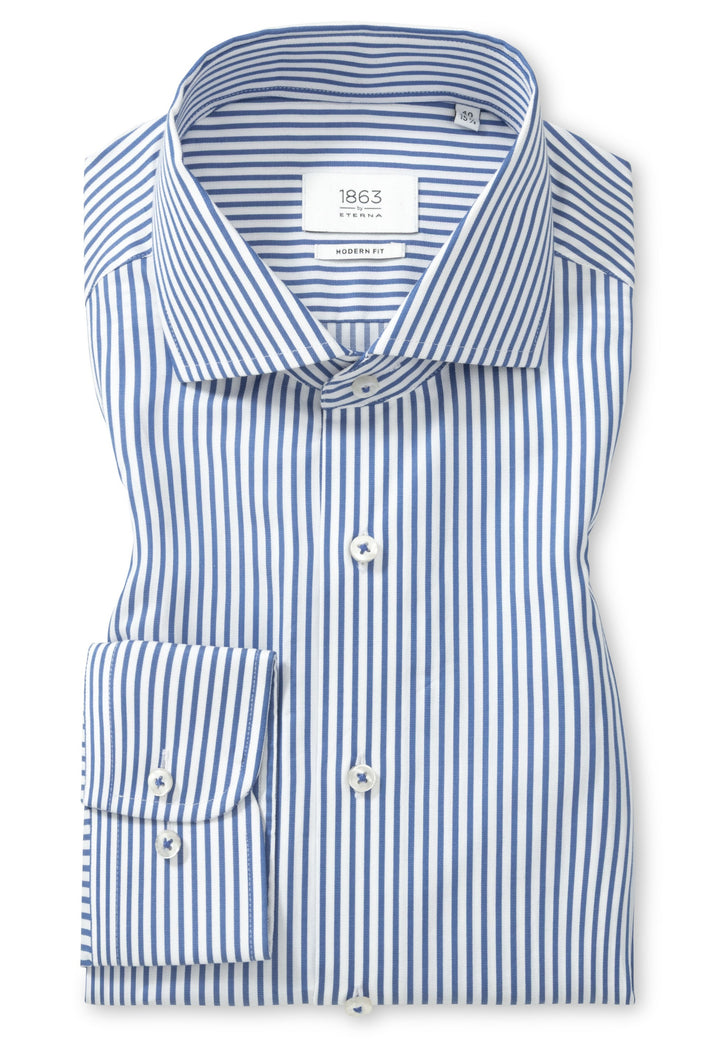 Eterna Italian Striped Poplin Modern Fit Kent Collar Dress Shirt: Blue