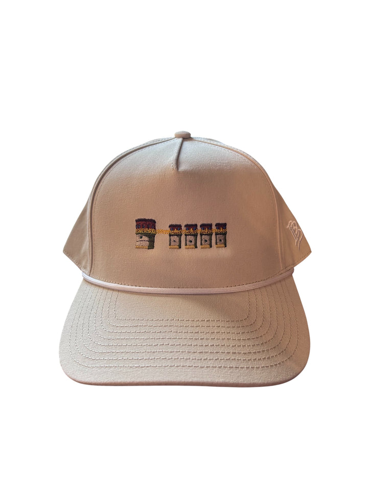 Branded Bills Bare Curved Canvas 5 Panel Rope Lake Murray Dam Towers Hat: Beige